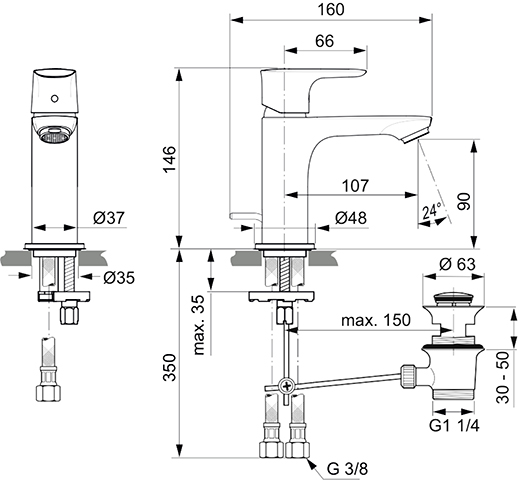 Ideal Standard Connect Air Waschtischarmatur Slim mit Ablaufgarnitur chrom, Ausladung 107mm, 5 l/min. A7007AA