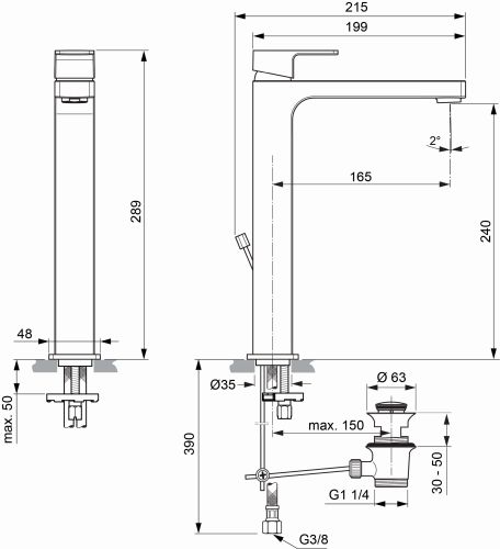 Ideal Standard Edge Waschtischarmatur mit verlängertem Sockel mit Ablaufgarnitur chrom, Ausladung 165mm, 5 l/min A7112AA