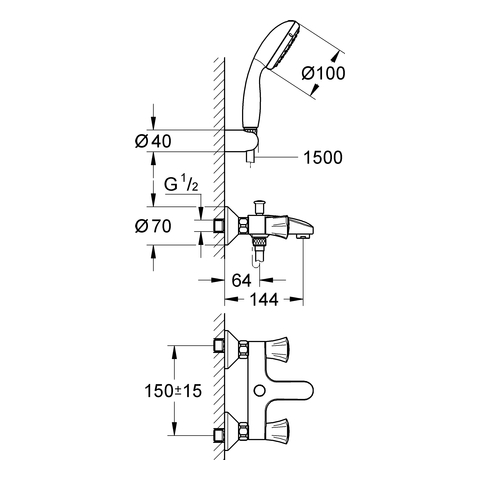 Grohe Costa 2-Griff-Wannenbatterie chrom mit Tempesta Wandhalterset 2546010A