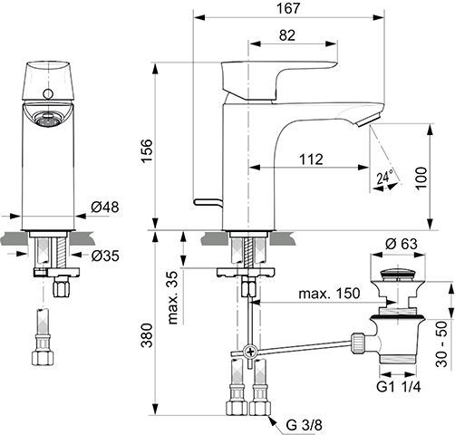 Ideal Standard Connect Air Waschtischarmatur mit Ablaufgarnitur chrom, Ausladung 112mm, 5 l/min. A7021AA