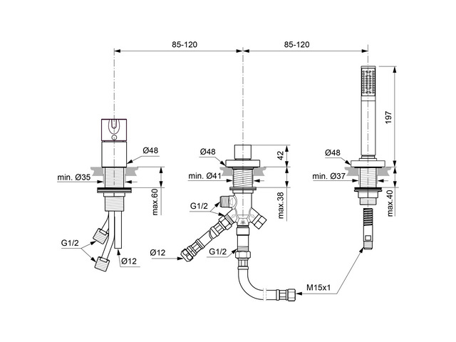 Ideal Standard 3-Loch Wannenrandarmatur JOY, ohne Auslauf mit Stab-Handbrause und Umsteller, chrom BC788AA