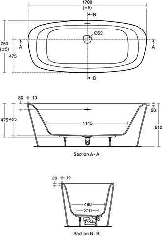 Ideal Standard DEA Freistehende-Badewanne 170x75x47,5/61cm E306601 weiß