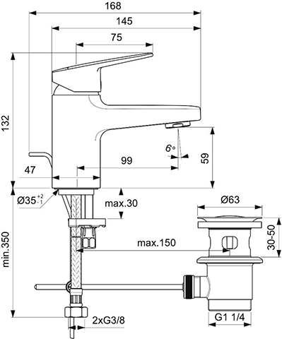 Ideal Standard Waschtischarmatur Ceraplan H60 Ausladung 99mm mit Ablaufgarnitur Idealfix chrom BD273AA