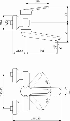 Ideal Standard Ceraplus 2 Wand-Waschtischarmatur 194mm chrom, Ausladung 194-213mm, 5 l/min BC115AA