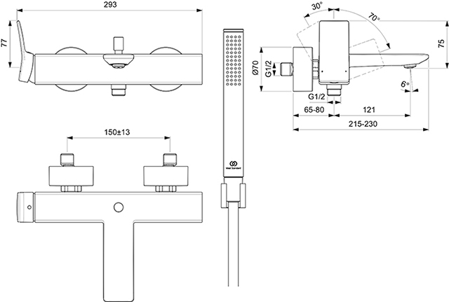 Ideal Standard Badearmatur AP Conca, mit Stab-Handbrause Brauseschlauch und Wandhalter, chrom BC763AA