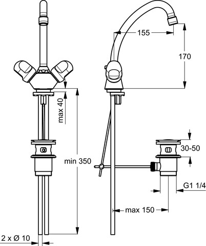 Ideal Standard Alpha Zweigriff-Waschtischarmatur mit Ablaufgarnitur chrom, Ausladung 155mm B2038AA