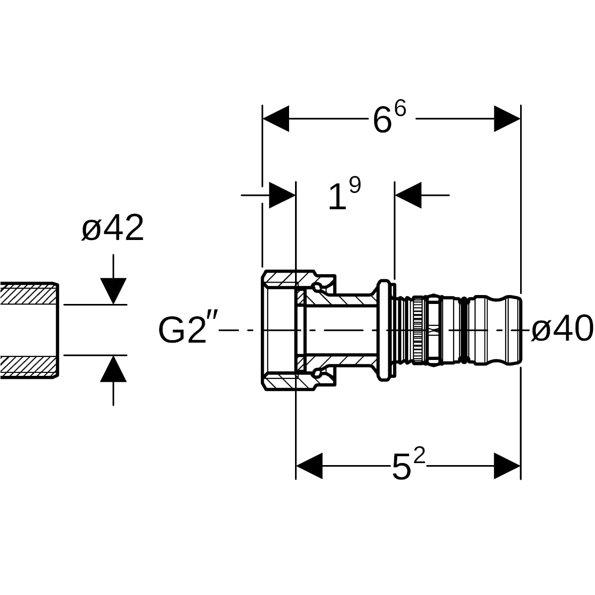 Geberit Mepla Übergang mit Überwurfmutter Rotguss d40-G2 605.581.00.5