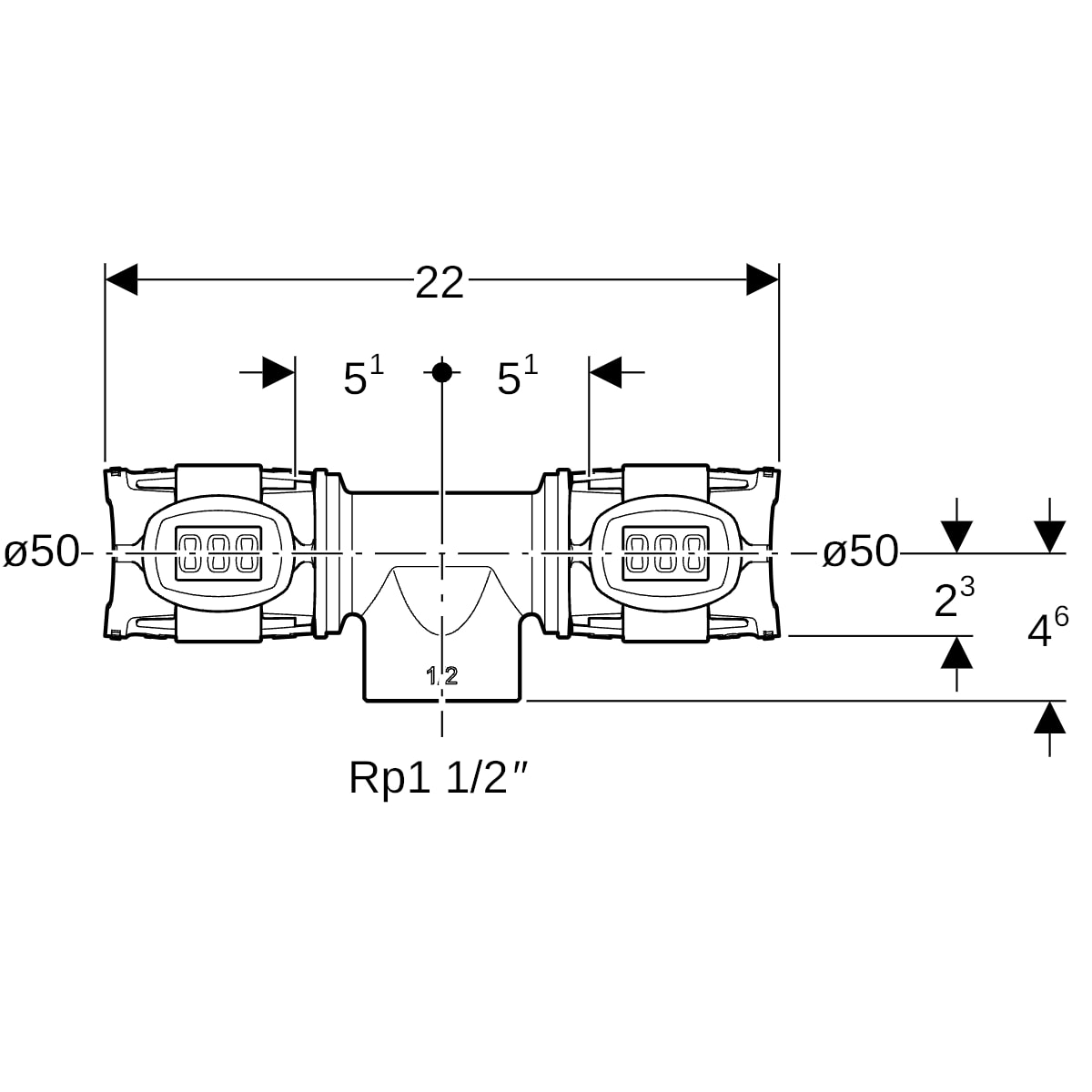 Geberit FlowFit T-Stück mit Innengewinde Rg+ d50-Rp1 1/2-50 620.185.00.1
