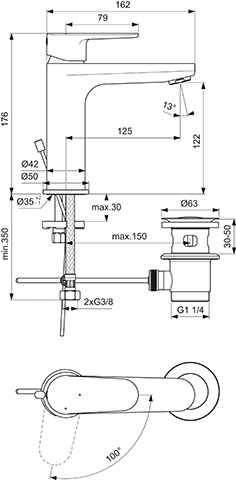 Ideal Standard Waschtischarmatur Cerafine O, H120 mit Ablaufgarnitur BlueStart, Ausladung 125mm, chrom BC702AA
