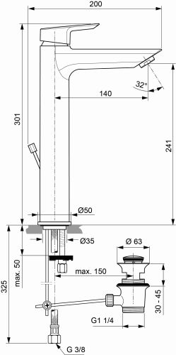 Ideal Standard Tesi Waschtischarmatur mit verlängertem Sockel mit Ablaufgarnitur chrom, Ausladung 140mm, 5 l/min. A6573AA