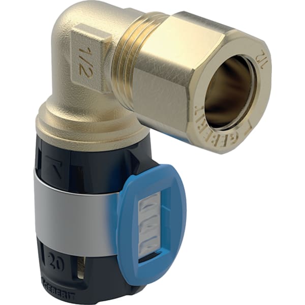 Geberit FlowFit Übergangswinkel 90 Grad mit Klemmringverschraubung. Rg+/Cu d16-d15 620.710.00.1