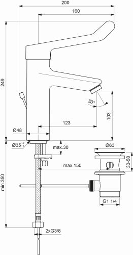 Ideal Standard Ceraplus 2 Waschtischarmatur Grande mit Klinikhebel mit Ablaufgarnitur chrom, Ausladung 123mm BC105AA