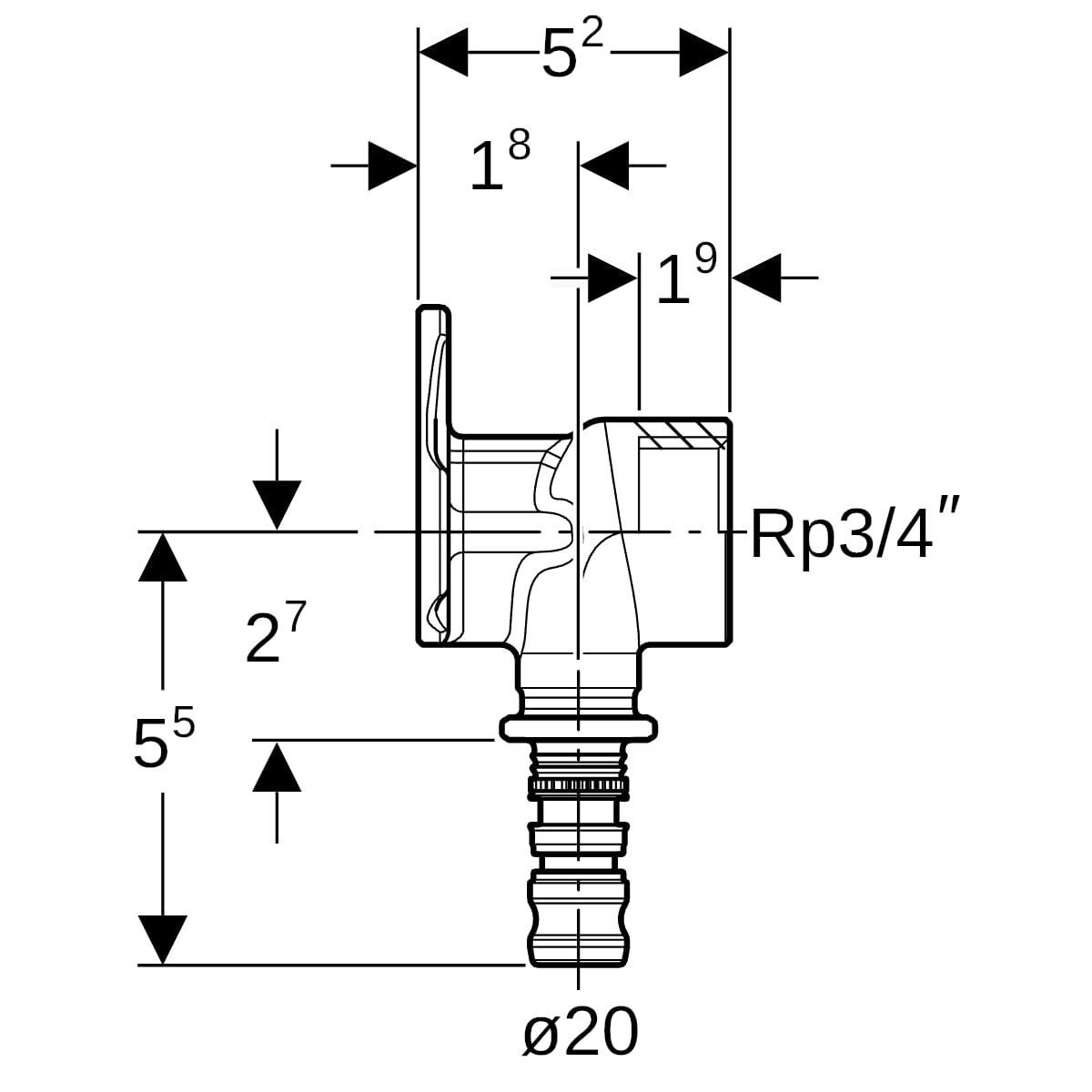 Geberit Mepla Anschlusswinkel 90 Grad Rotguss d20-Rp3/4 L:52mm 602.294.00.5