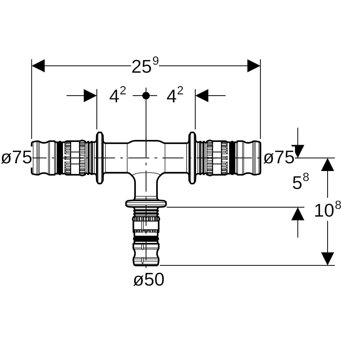 Geberit Mepla T-Stück reduziert PVDF d75-50-75 628.322.00.5