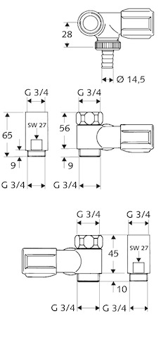 Schell Nebenanschluss-Ventil COMFORT, RV für Wandbatterien, Anschluss links, 3/4", chrom 033440699