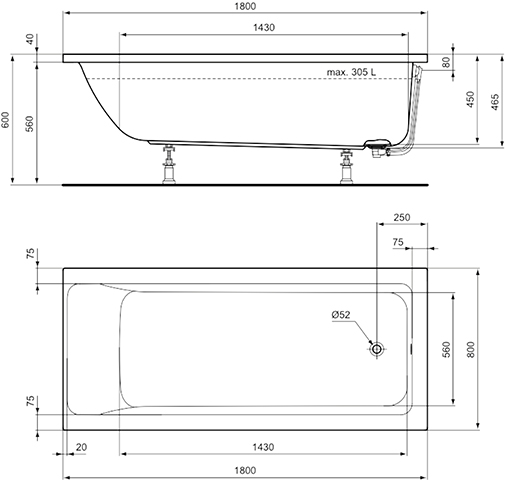 Ideal Standard Connect Air Körperform-Badewanne 180x80x47,5cm T362201 weiß
