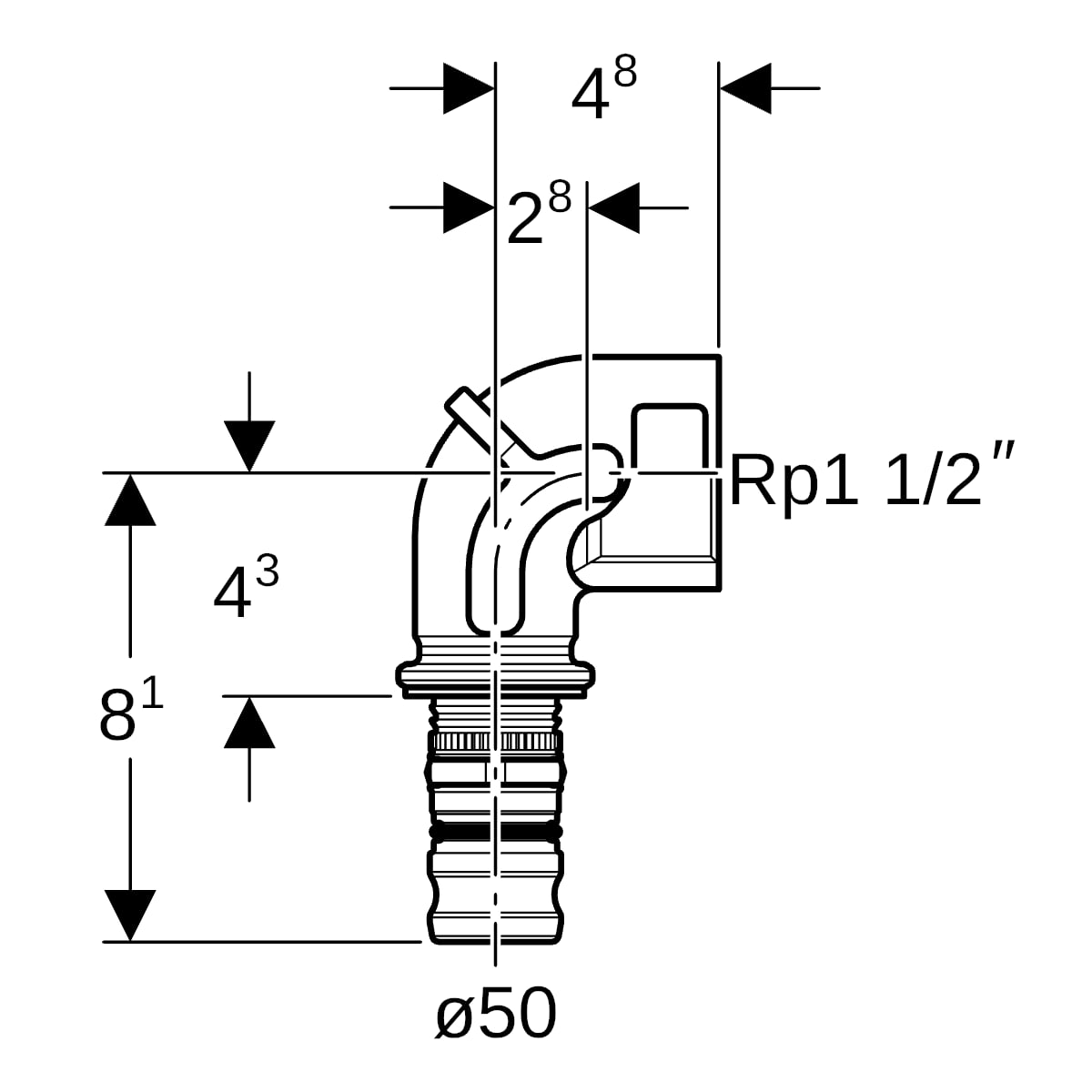 Geberit Mepla Übergangsbogen 90 Grad mit IG Rotguss d50-Rp1 1/2 606.256.00.5