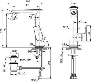 Ideal Standard Tesi Waschtischarmatur mit hohem schwenkbarem Auslauf mit Ablaufgarnitur chrom, Ausladung 147mm, 5 l/min A6754AA