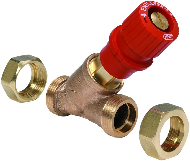 Resideo Strangabsperrventil Kombi-3-Plus, rotes Handrad, R 1 1/2, Außengewinde V5000X0040
