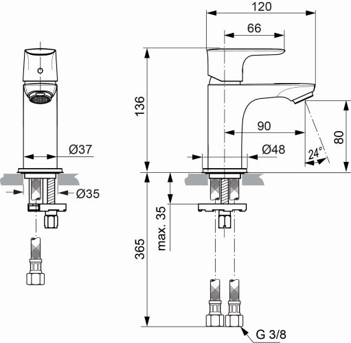 Ideal Standard Waschtisch-Armatur Connect Air, Piccolo, 5l/min. ohne Ablaufgarnitur Ausladung 90mm, chrom A7018AA