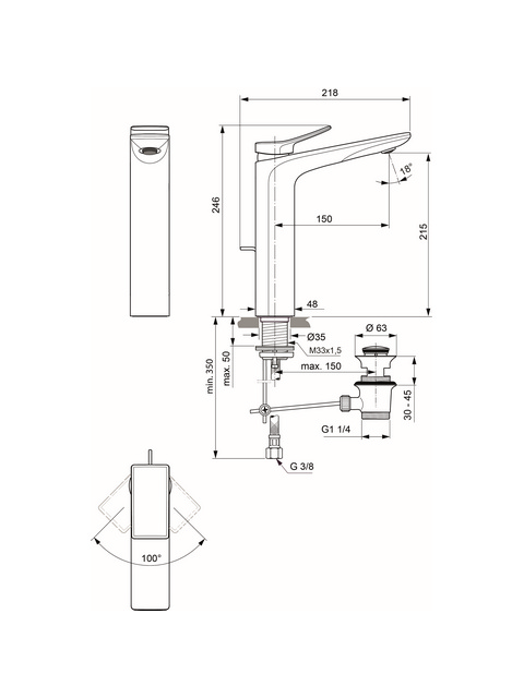 Ideal Standard Waschtisch-Armatur Conca, mit verlängertem Sockel mit Ablaufgarnitur Ausladung 150mm, chrom BC757AA