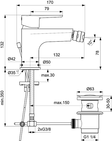 Ideal Standard Bidetarmatur Cerafine O mit Ablaufgarnitur Ausladung 132mm chrom BC705AA