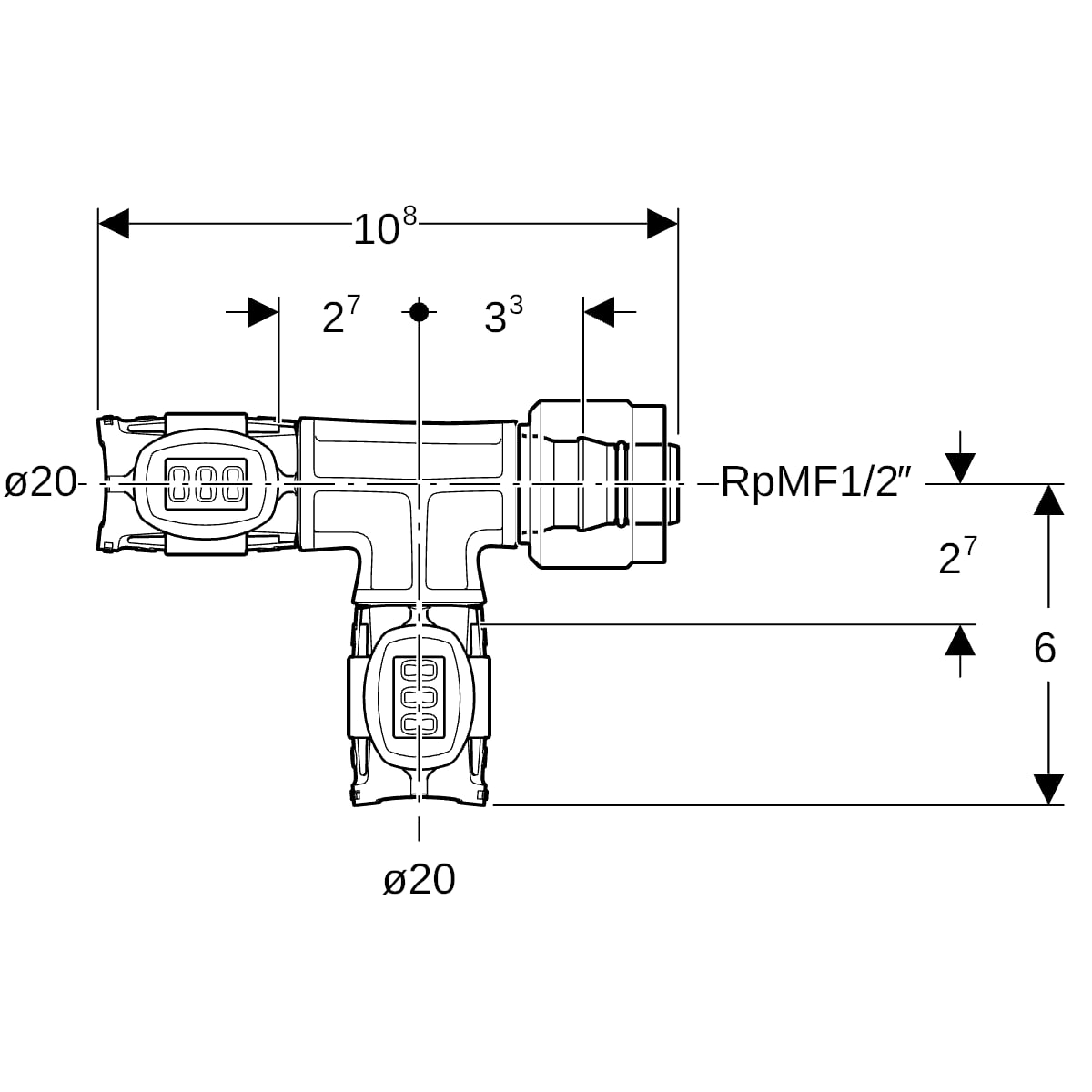 Geberit FlowFit Übergangs-T-Stück mit MasterFix PPSU d20-d20-MF20 620.781.00.1
