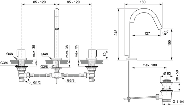 Ideal Standard 3-Loch Waschtischarmatur JOY mit Ablaufgarnitur, Ausladung 127mm, chrom BC783AA