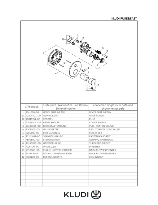 Kludi PURE&EASY UP-Wannenfüll-/Brause Einhandmischer Push Set mit Funktionseinheit, für 88022,chrom 377630565