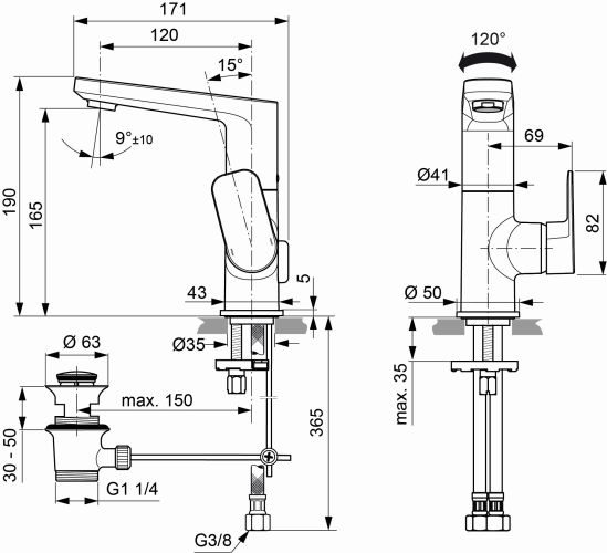 Ideal Standard Waschtisch-Armatur Tonic II, mit hohem Auslauf mit Ablaufgarnitur 5 l/min., Ausladung 120mm, chrom A6448AA
