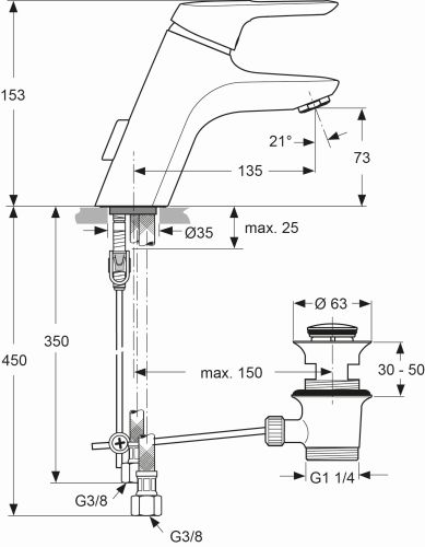 Ideal Standard Ceramix Blue Waschtischarmatur WELL chrom, flexiblen Schläuchen, Durchflussbegrenzer 5l/min A5658AA