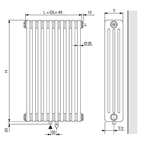 Arbonia Röhrenradiator Standard mit Mittenanschluss 6-Säuler H: 300 L: 45cm, Modell 6300, weiß, 10 Glieder