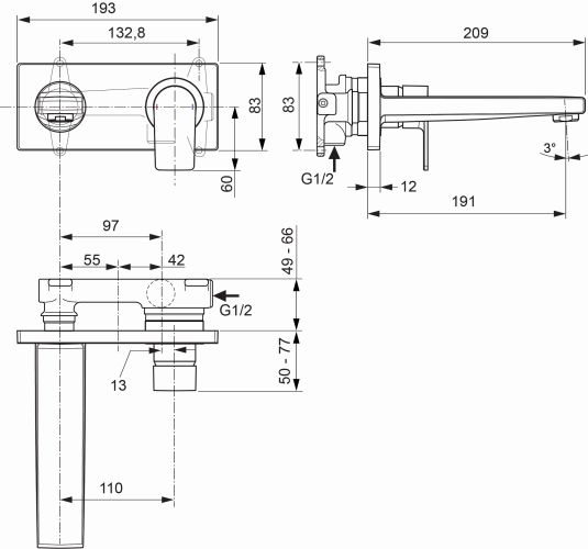 Ideal Standard Edge Waschtischarmatur Grande Unterputz chrom, Ausladung 191mm, 5 l/min., Bausatz 2 A7116AA
