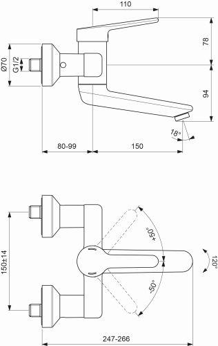 Ideal Standard Ceraplus 2 Wand-Waschtischarmatur 230mm chrom, Ausladung 230-249mm, absperrbaren S-Anschlüssen BC111AA