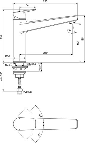 Ideal Standard Küchenarmatur Ceraplan mit hohem Auslauf Ausladung 210mm chrom BD325AA