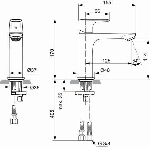 Ideal Standard Connect Air Waschtischarmatur Grande Slim ohne Ablaufgarnitur chrom, Ausladung 125mm, 5 l/min A7015AA