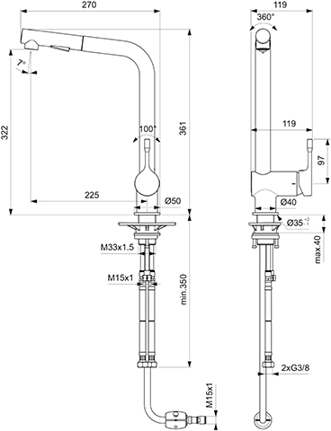 Ideal Standard Küchenarmatur Ceralook, mit herausziehbarer Handbrause, hohem Auslauf, Ausladung 225mm chrom BC178AA
