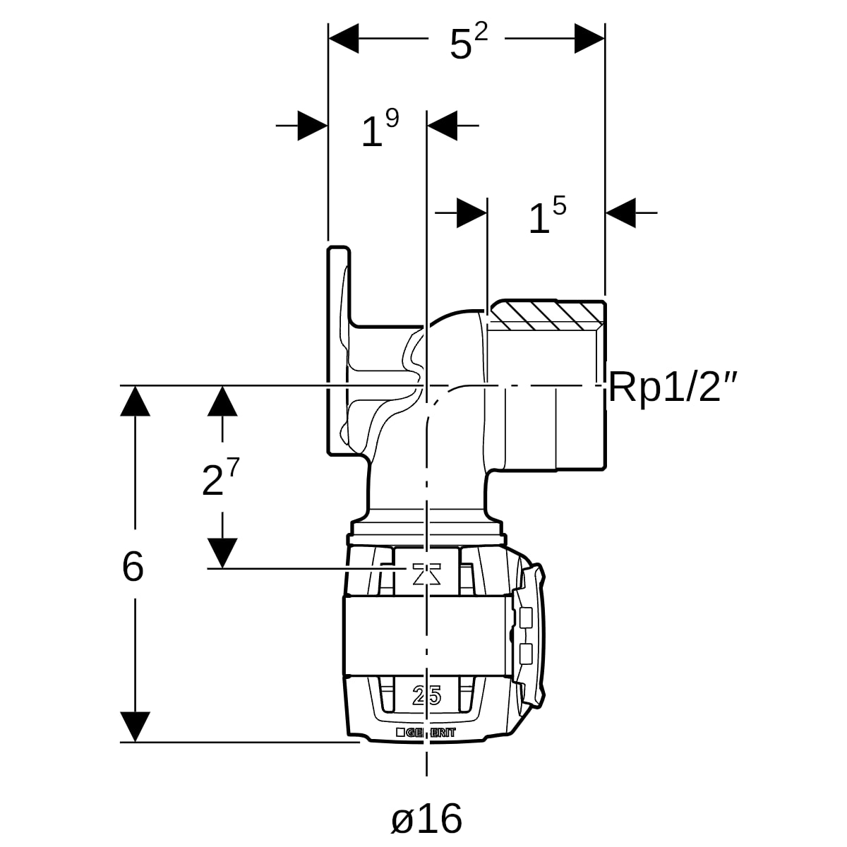 Geberit FlowFit Anschlusswinkel 90 Grad Rg+ d16-Rp1/2 L:52mm 620.810.00.1