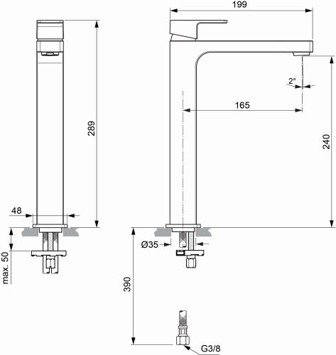 Ideal Standard Edge Waschtischarmatur mit verlängertem Sockel ohne Ablaufgarnitur chrom, Ausladung 165mm, 5 l/min A7114AA