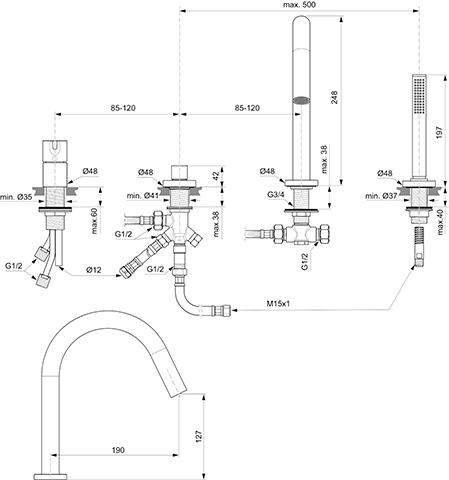Ideal Standard 4-Loch Wannenrandarmatur JOY, mit Auslauf Stab-Handbrause und Umsteller, chrom BC789AA