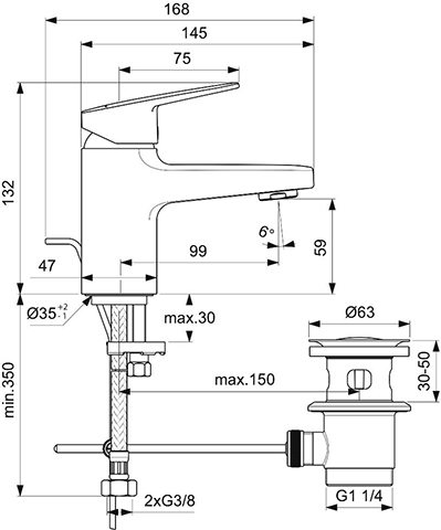 Ideal Standard Waschtischarmatur Ceraplan H60 mit Ablaufgarnitur Ausladung 99mm chrom BD204AA
