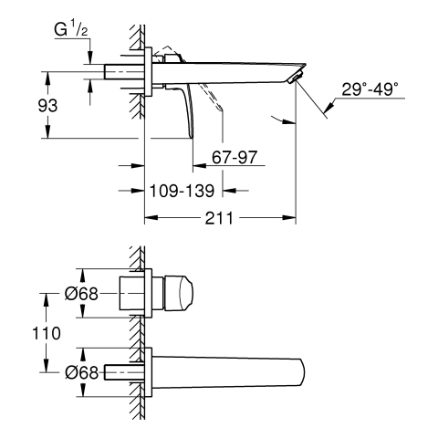 Grohe 2-Loch-Waschtisch-Wandbatterie Eurosmart chrom Fertigmontage-Set für 23571 Ausladung 209mm 29338003