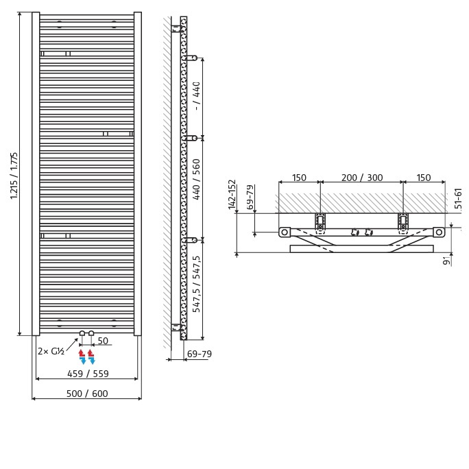 HSK Badheizkörper Line Plus H: 121,5 B: 60cm weiß 8086122-04