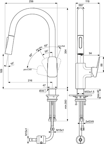 Ideal Standard Küchenarmatur Ceraplan Ausladung 216mm mit hohem Rohrauslauf 1F-Handbrause chrom BD338AA