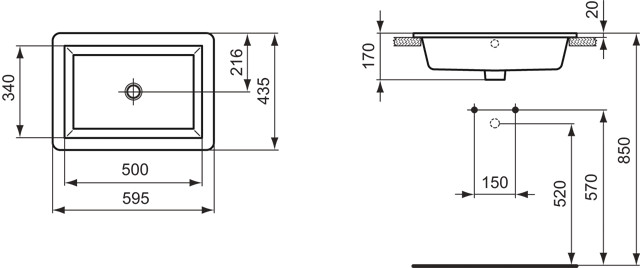 Ideal Standard Strada Einsatzwaschtisch B: 59, 5 T: 43,5cm weiß, Ideal Plus K0780MA