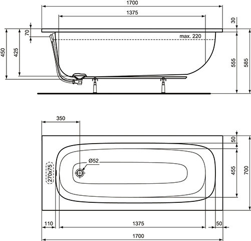 Ideal Standard i.life Körperform-Badewanne 170x70cm T475901 weiß