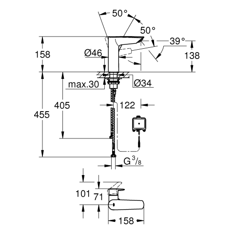 Grohe Hybrid-Waschtisch-Batterie Eurosmart M-Size chrom Auslösung Infrarot/manuell 23975003