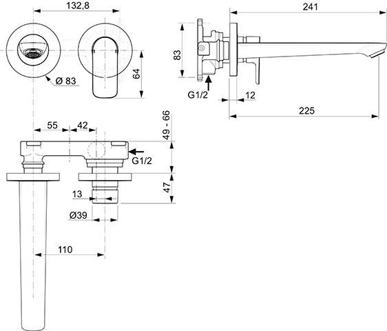 Ideal Standard Connect Air Wand-Waschtischarmatur Unterputz chrom, Ausladung 225mm, Bausatz 2,5l/min A7009AA