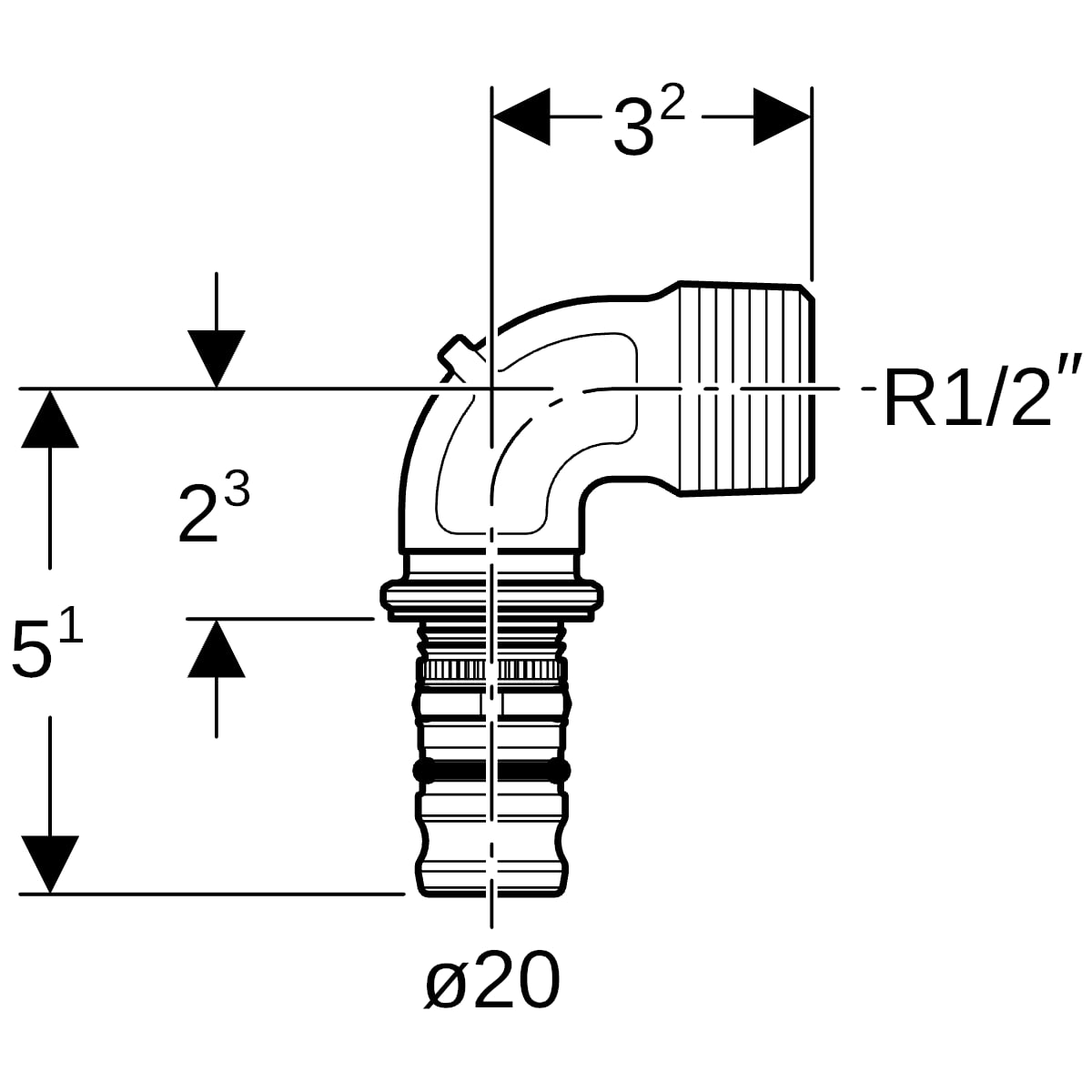 Geberit Mepla Übergangsbogen 90 Grad mit AG Rotguss d20-R1/2 602.252.00.5