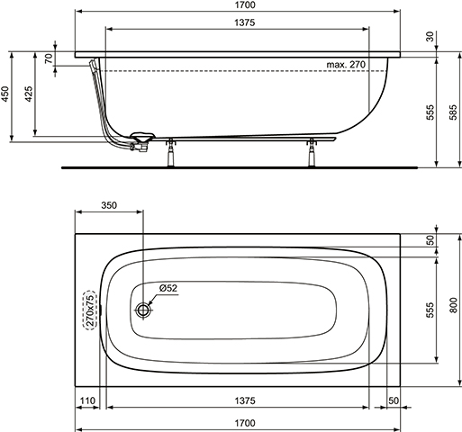 Ideal Standard i.life Körperform-Badewanne 170x80cm T47611 weiß